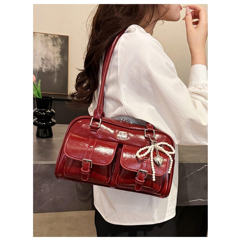 8690 PU Leather Shoulder Bag Top Handle Y2k Handbag Purse Boston Bowler Bag - Picture 3 of 6